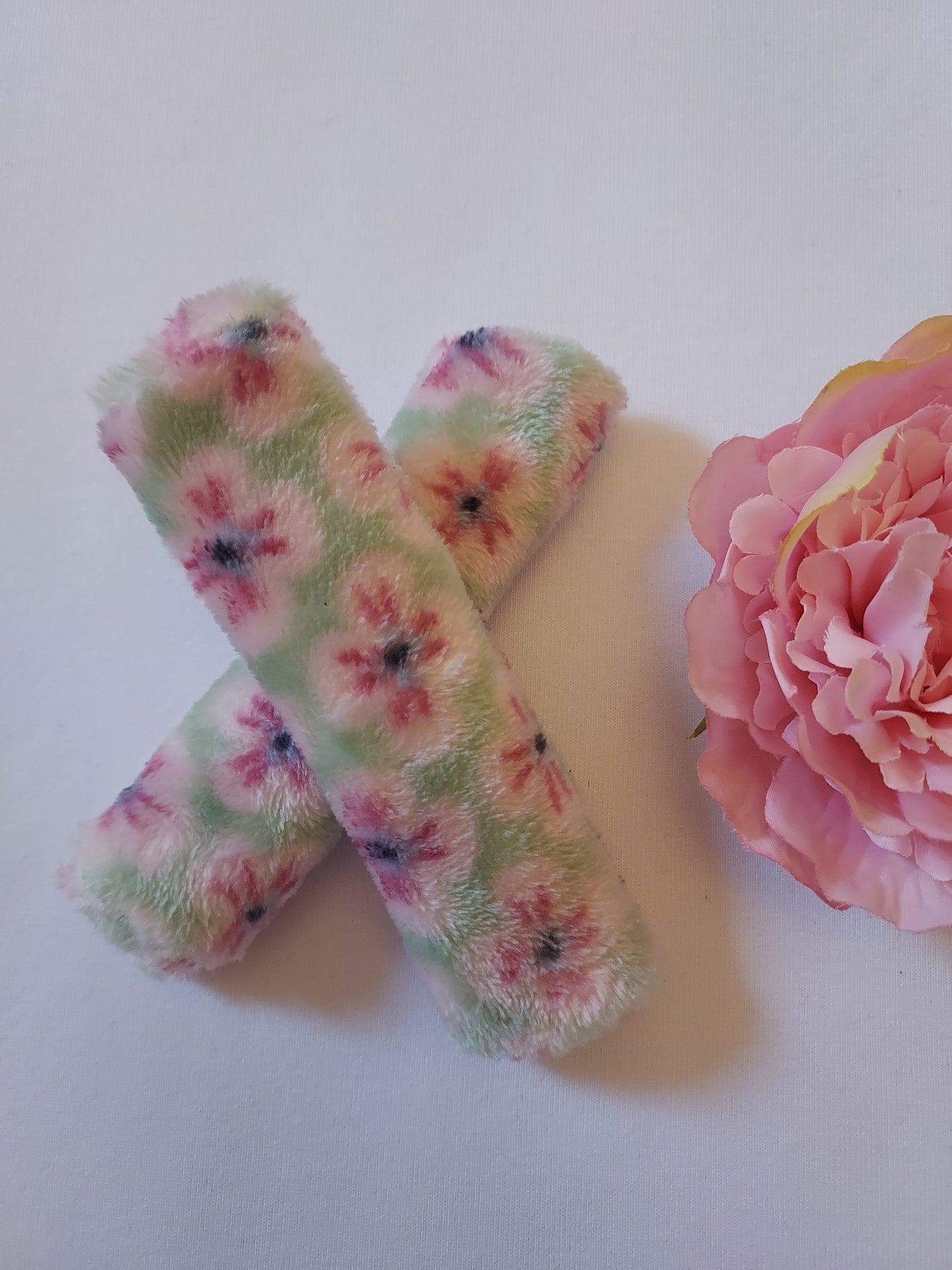 soft pink floral Pair of 5" Slide On, comfort Cheek strap covers. CPAP, BIPAP, Ventilator, headgear, sleep apnea, medical