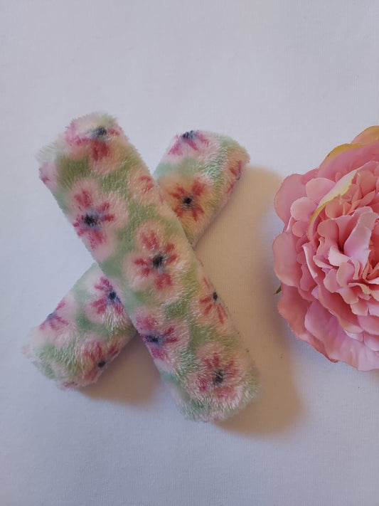soft pink floral Pair of 5" Slide On, comfort Cheek strap covers. CPAP, BIPAP, Ventilator, headgear, sleep apnea, medical