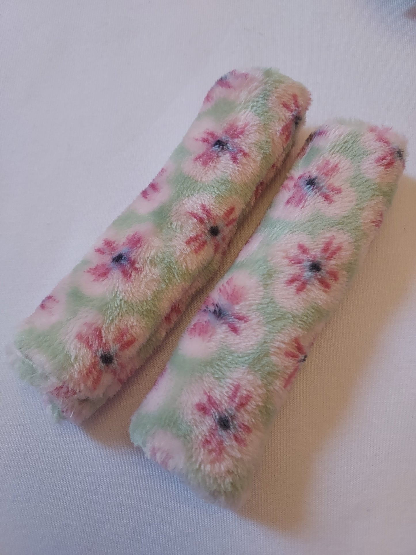 soft pink floral Pair of 5" Slide On, comfort Cheek strap covers. CPAP, BIPAP, Ventilator, headgear, sleep apnea, medical
