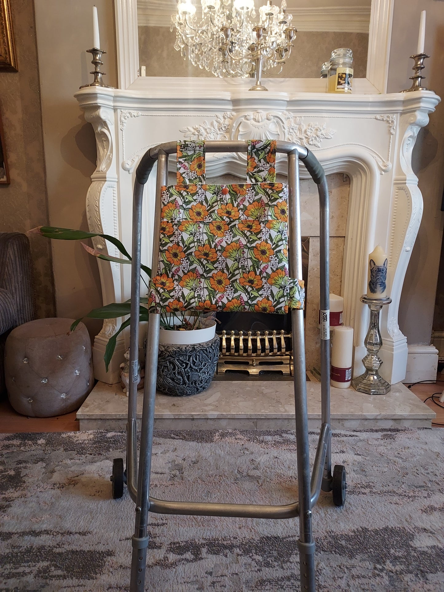 Orange Floral Zimmer frame bag, walking frame bag, accessories, walking aid, handmade, bag, storage