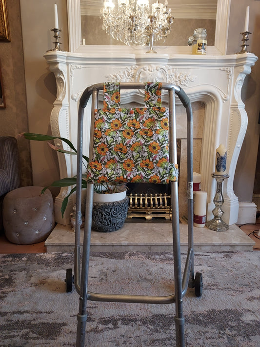 Orange Floral  Zimmer frame bag, walking frame bag, accessories, walking aid, handmade, bag, storage