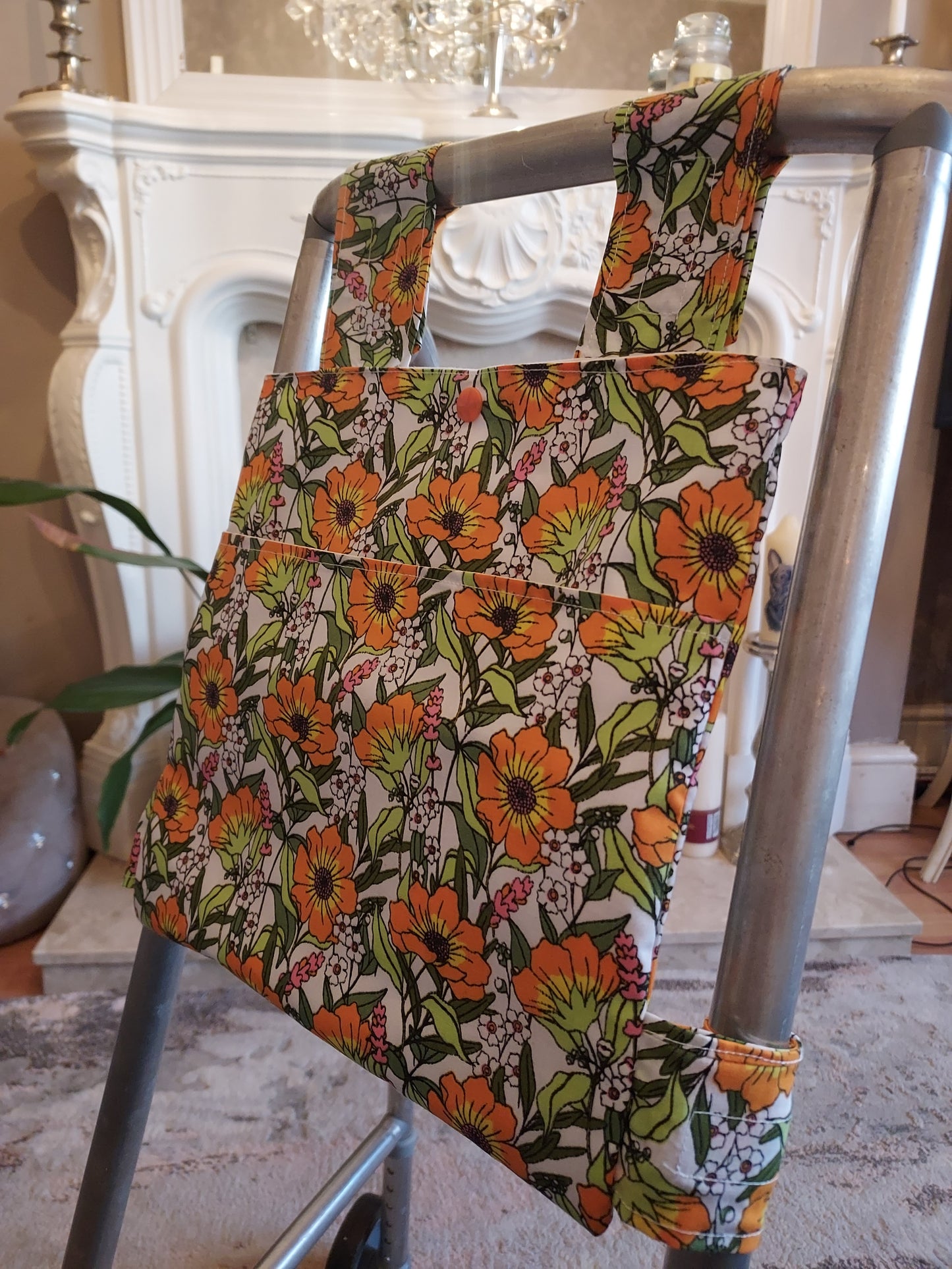 Orange Floral Zimmer frame bag, walking frame bag, accessories, walking aid, handmade, bag, storage