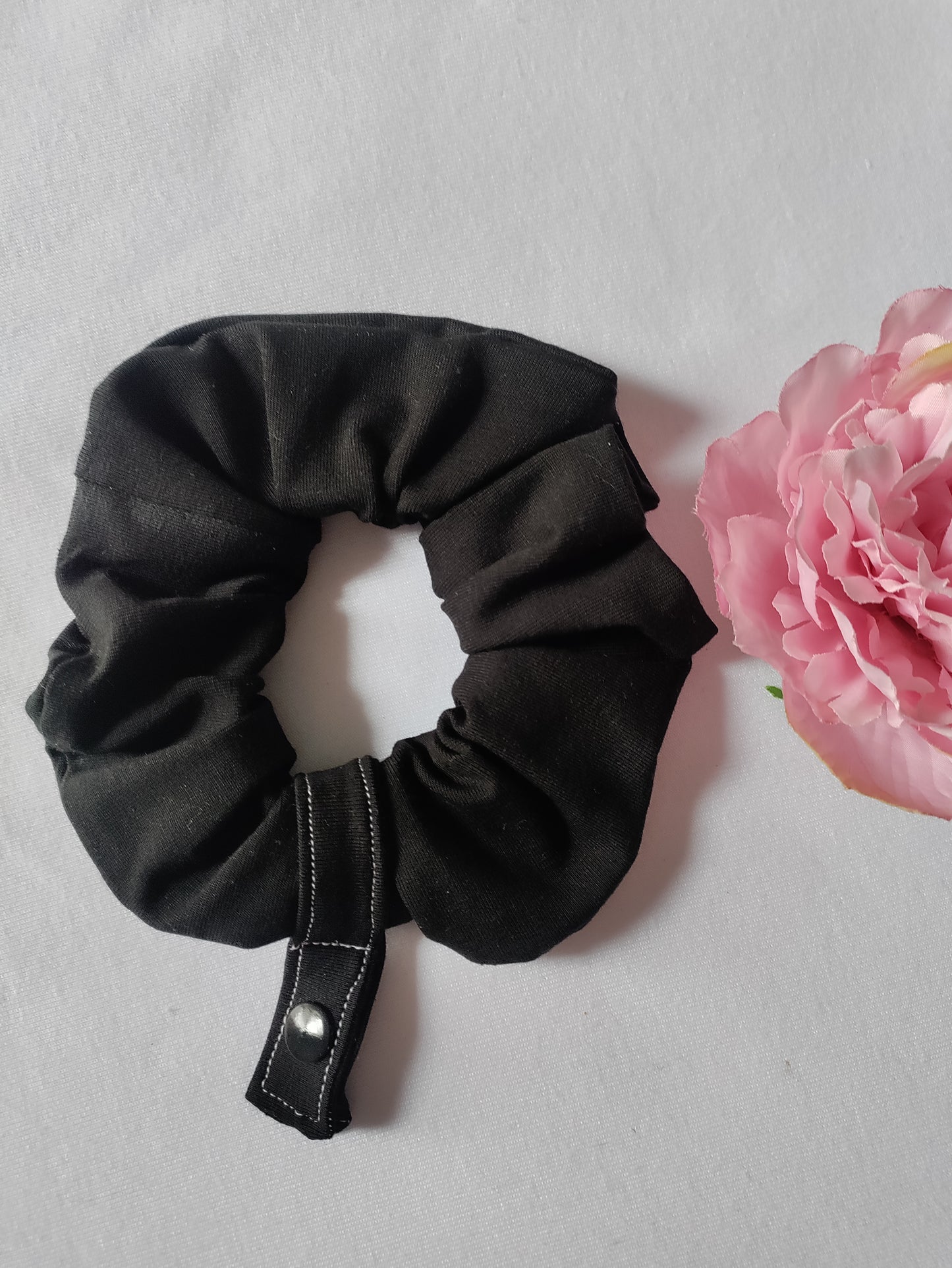 Plain black tubie scrunchie, feeding tube, nj, ng, oxygen tube