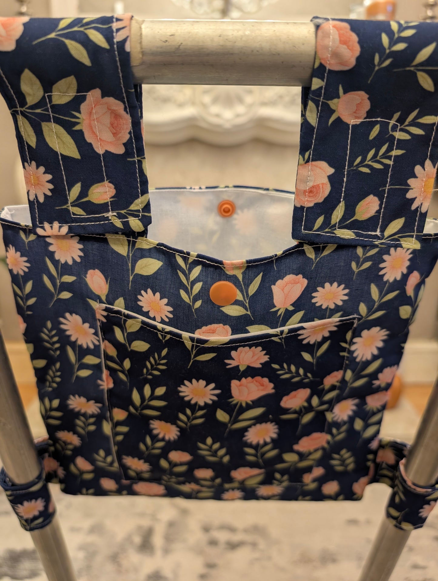 Navy rose Zimmer frame bag, walking frame bag, accessories, walking aid, handmade, bag, storage