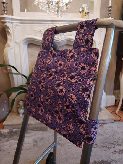 Purple Poppy stripe Zimmer frame bag, walking frame bag, accessories, walking aid, handmade, bag, storage