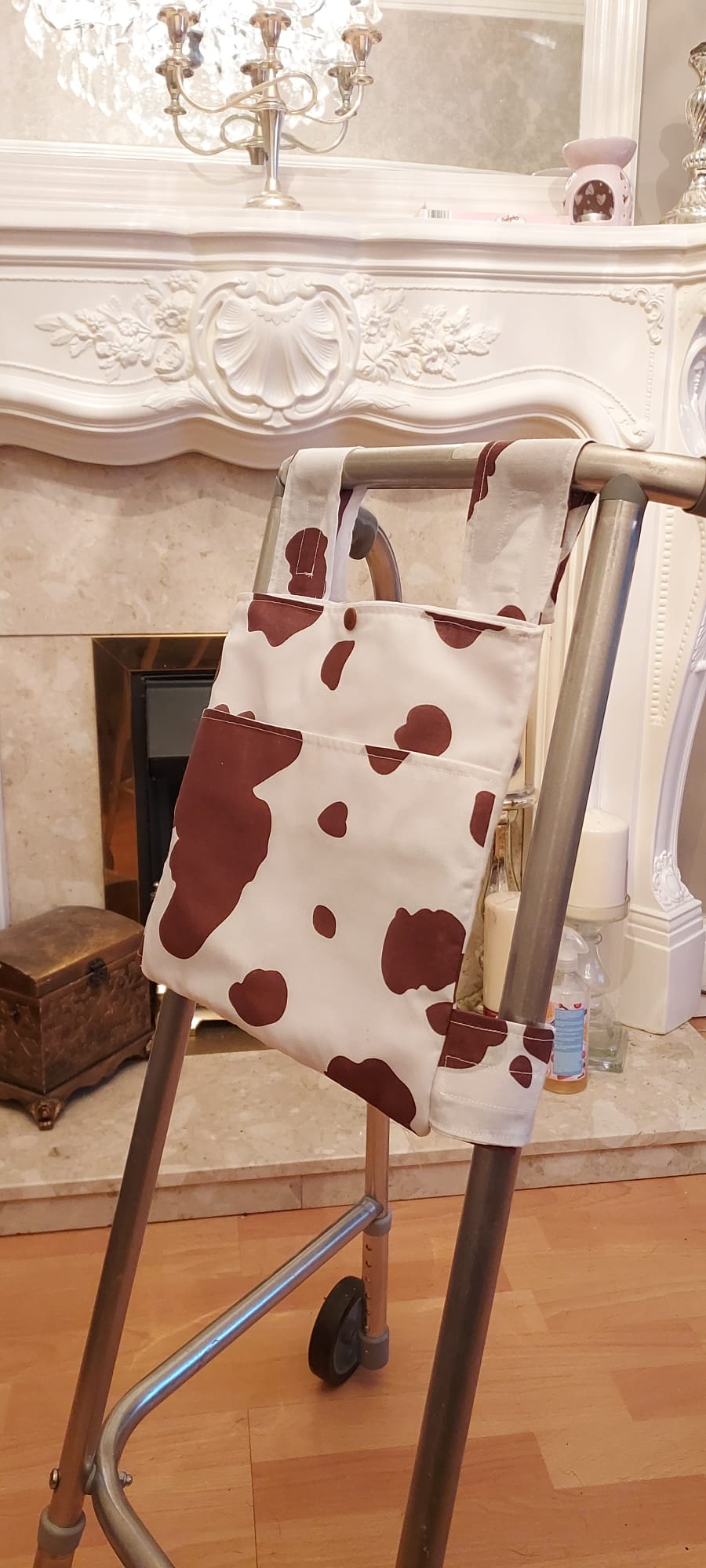 Cow print Zimmer frame bag, walking frame bag, accessories, walking aid, handmade, bag, storage