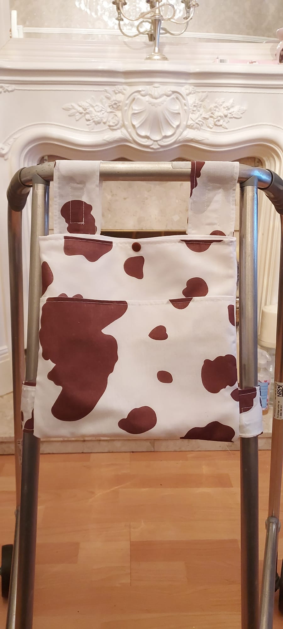 Cow print Zimmer frame bag, walking frame bag, accessories, walking aid, handmade, bag, storage