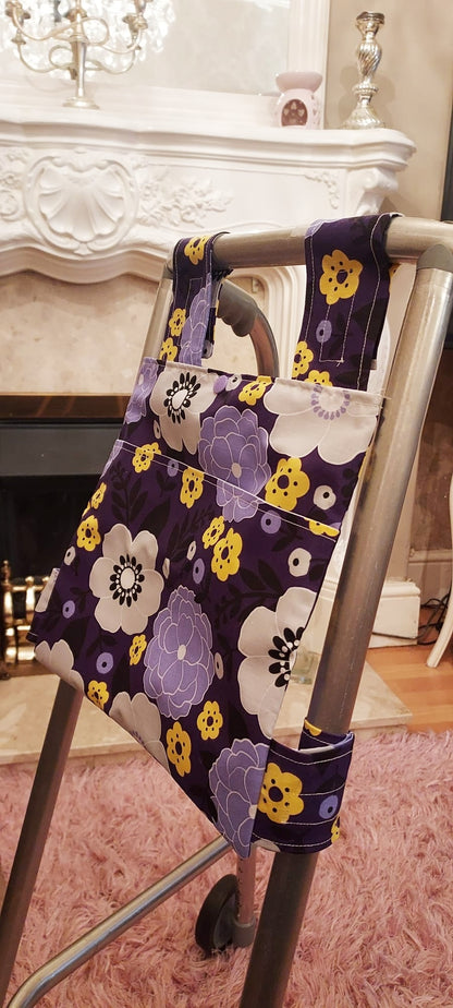 Purple floral Zimmer frame bag, walking frame bag, accessories, walking aid, handmade, bag, storage