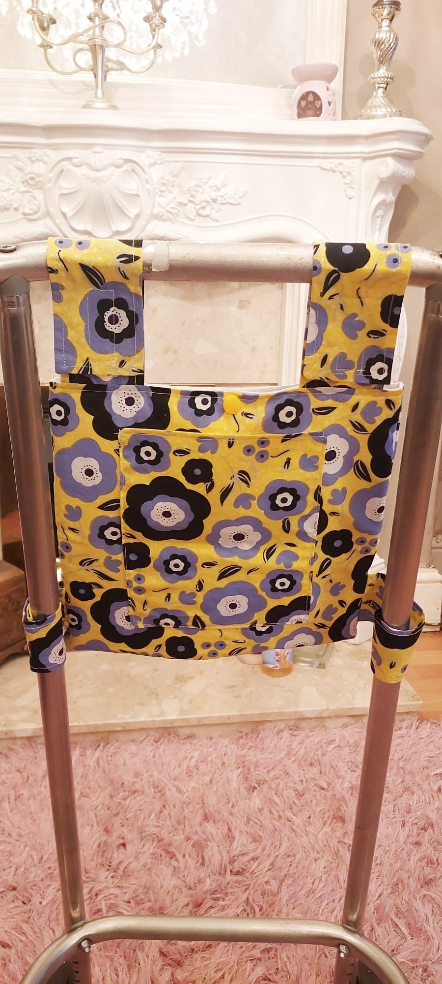 Yellow floral Zimmer frame bag, walking frame bag, accessories, walking aid, handmade, bag, storage