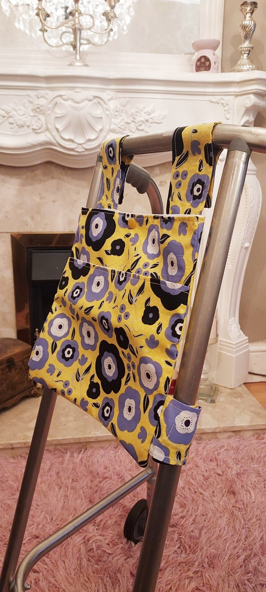 Yellow floral Zimmer frame bag, walking frame bag, accessories, walking aid, handmade, bag, storage