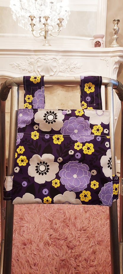 Purple floral Zimmer frame bag, walking frame bag, accessories, walking aid, handmade, bag, storage