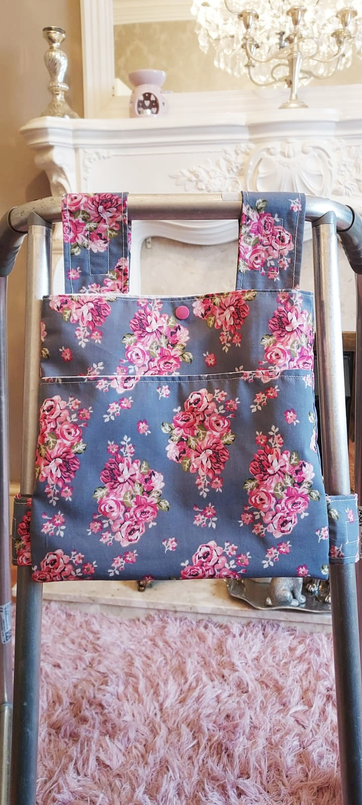 Grey floral Zimmer frame bag, walking frame bag, accessories, walking aid, handmade, bag, storage