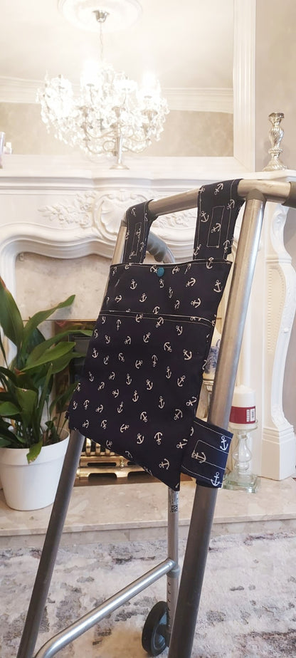 Navy anchor Zimmer frame bag, walking frame bag, accessories, walking aid, handmade, bag, storage