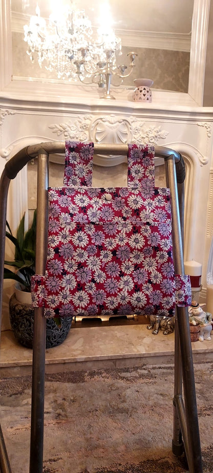 Purple Floral Zimmer frame bag, walking frame bag, accessories, walking aid, handmade, bag, storage