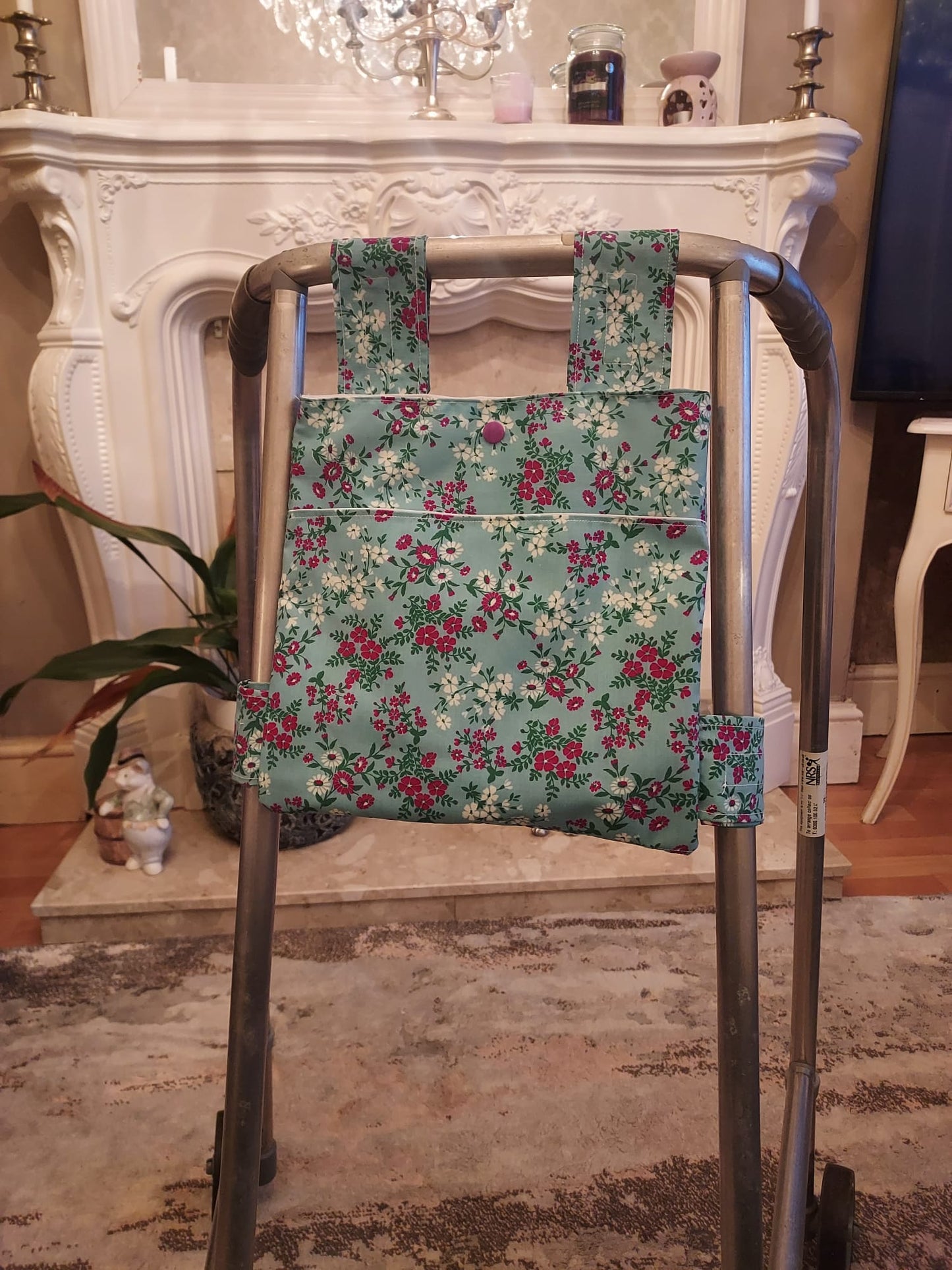 Blue floral Zimmer frame bag, walking frame bag, accessories, walking aid, handmade, bag, storage