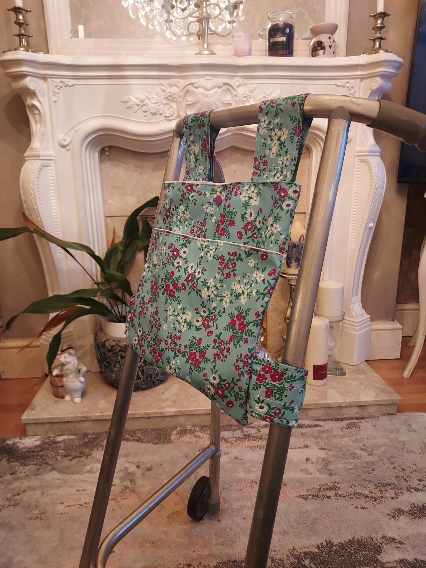 Blue floral Zimmer frame bag, walking frame bag, accessories, walking aid, handmade, bag, storage