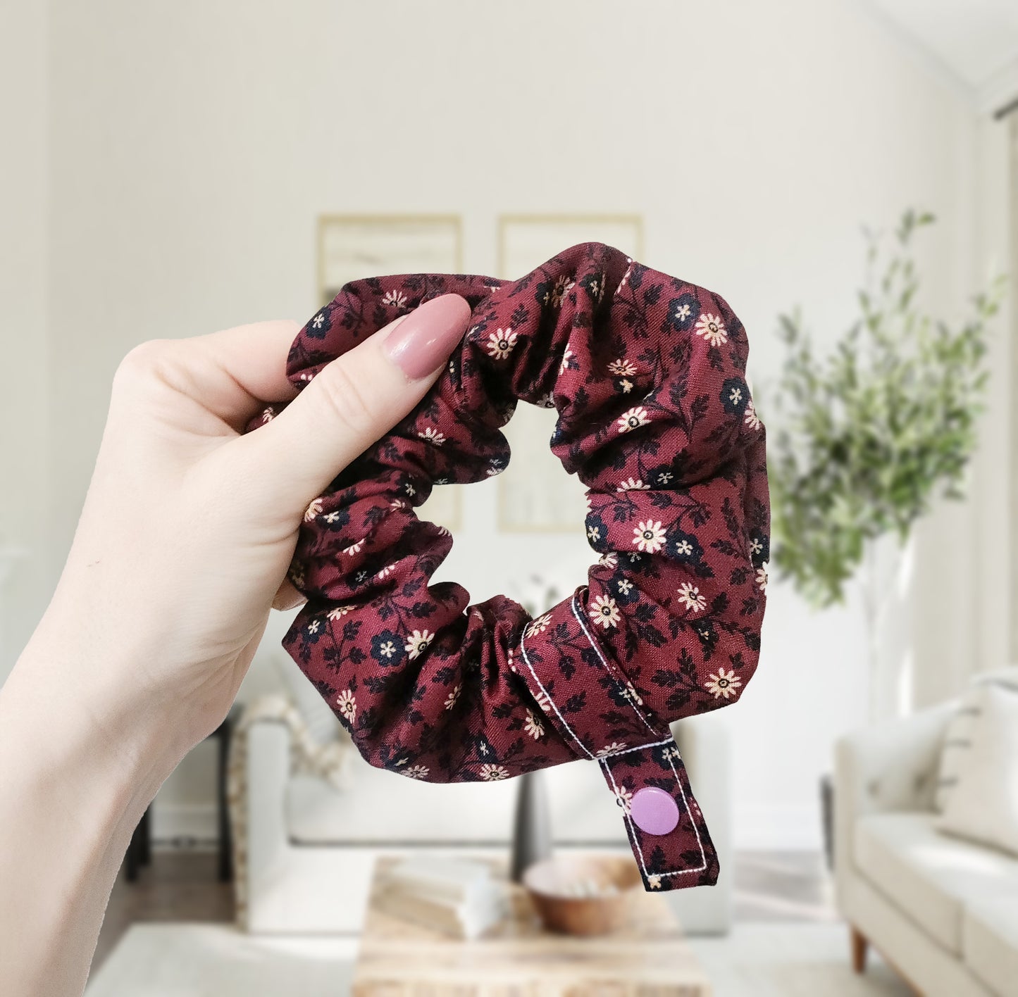 Burgundy Floral tubie scrunchie