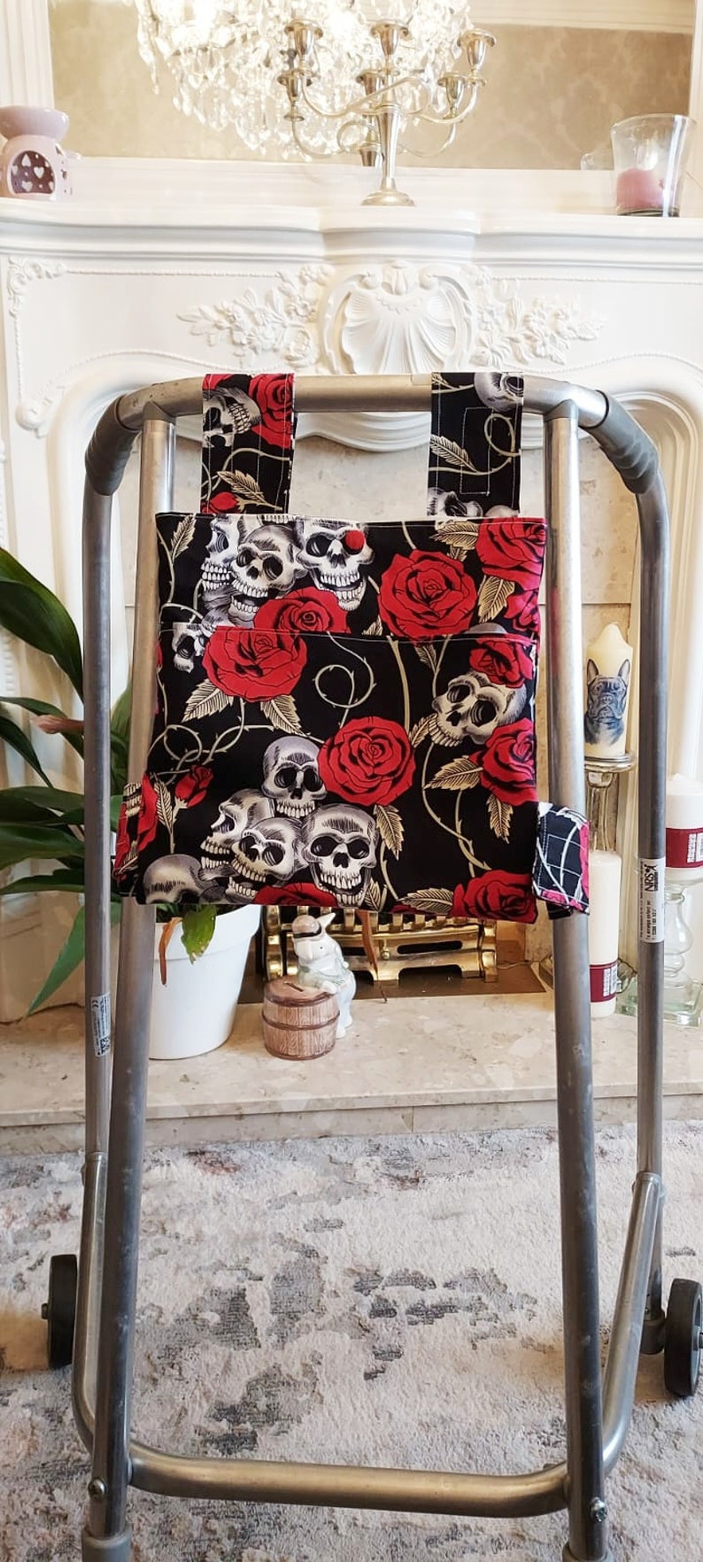 Rose and skull Zimmer frame bag, walking frame bag, accessories, walking aid, handmade, bag, storage