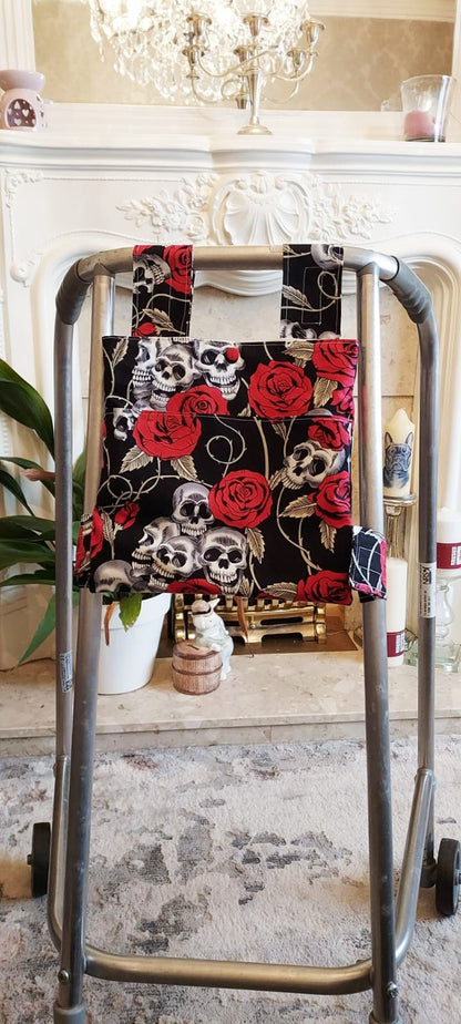 Rose and skull Zimmer frame bag, walking frame bag, accessories, walking aid, handmade, bag, storage