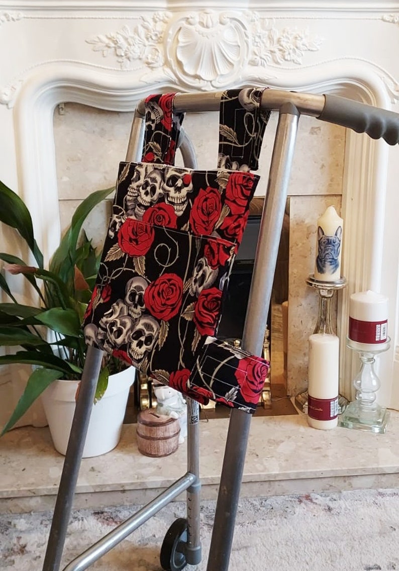 Rose and skull Zimmer frame bag, walking frame bag, accessories, walking aid, handmade, bag, storage