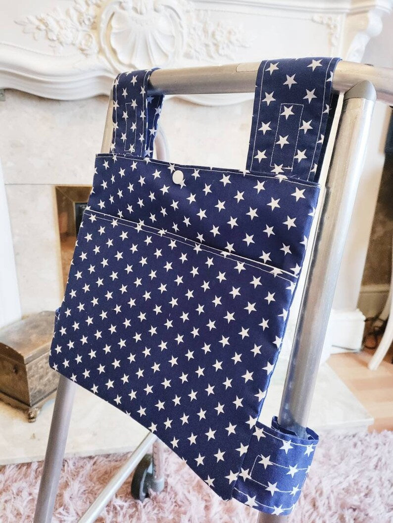 Navy star Zimmer frame bag, walking frame bag, accessories, walking aid, handmade, bag, storage