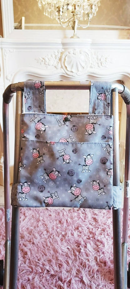 Grey zebra Zimmer frame bag, walking frame bag, accessories, walking aid, handmade, bag, storage