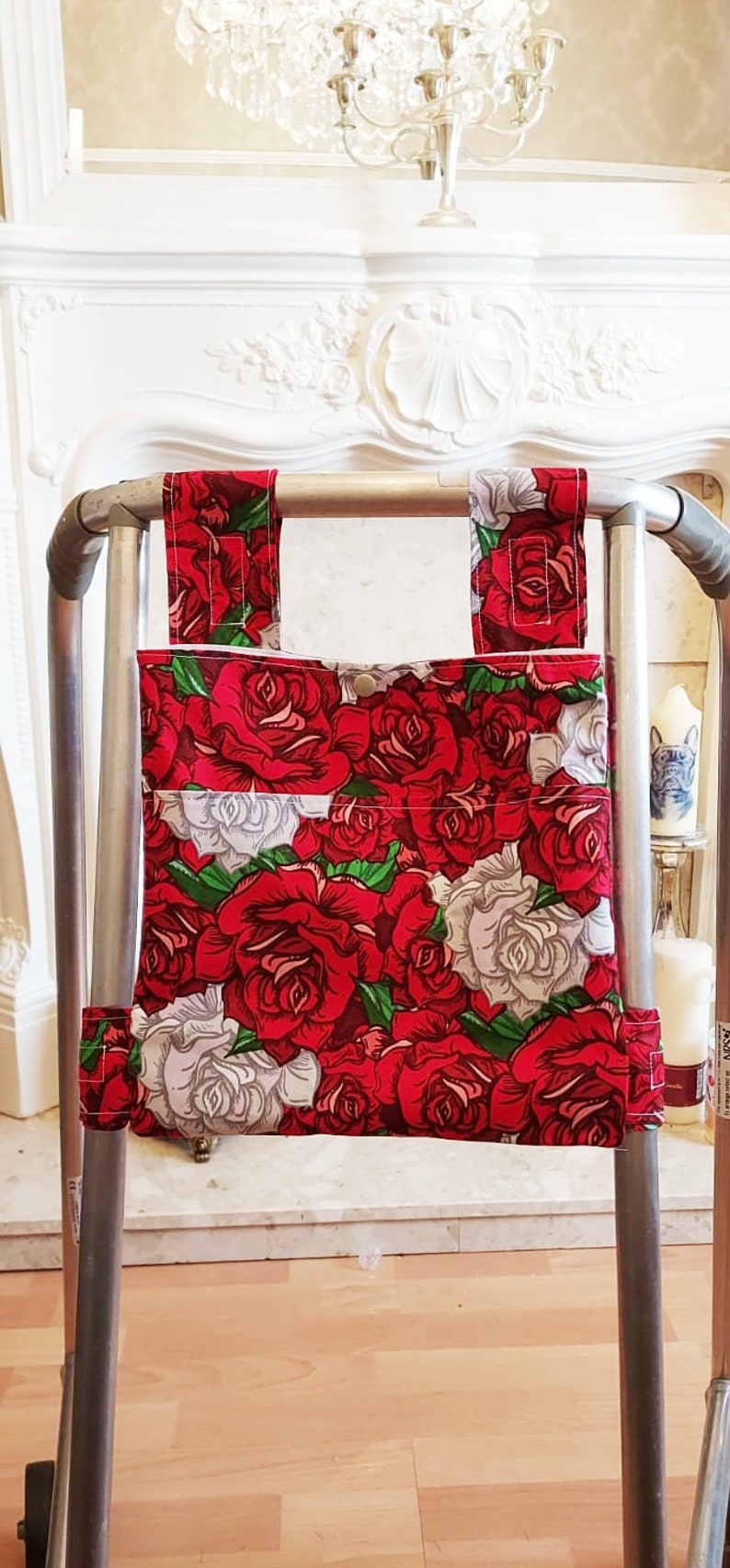 Red rose Zimmer frame bag, walking frame bag, accessories, walking aid, handmade, bag, storage