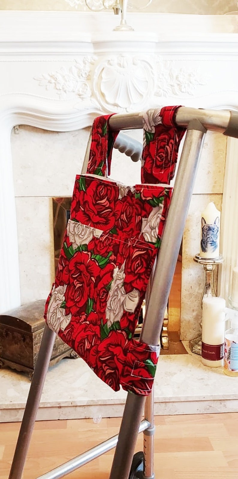 Red rose Zimmer frame bag, walking frame bag, accessories, walking aid, handmade, bag, storage