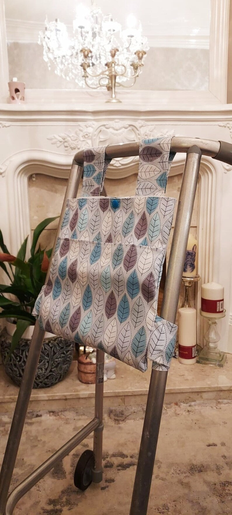 Blue leaf Zimmer frame bag, walking frame bag, accessories, walking aid, handmade, bag, storage