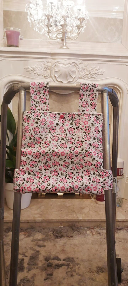 Pink floral Zimmer frame bag, walking frame bag, accessories, walking aid, handmade, bag, storage