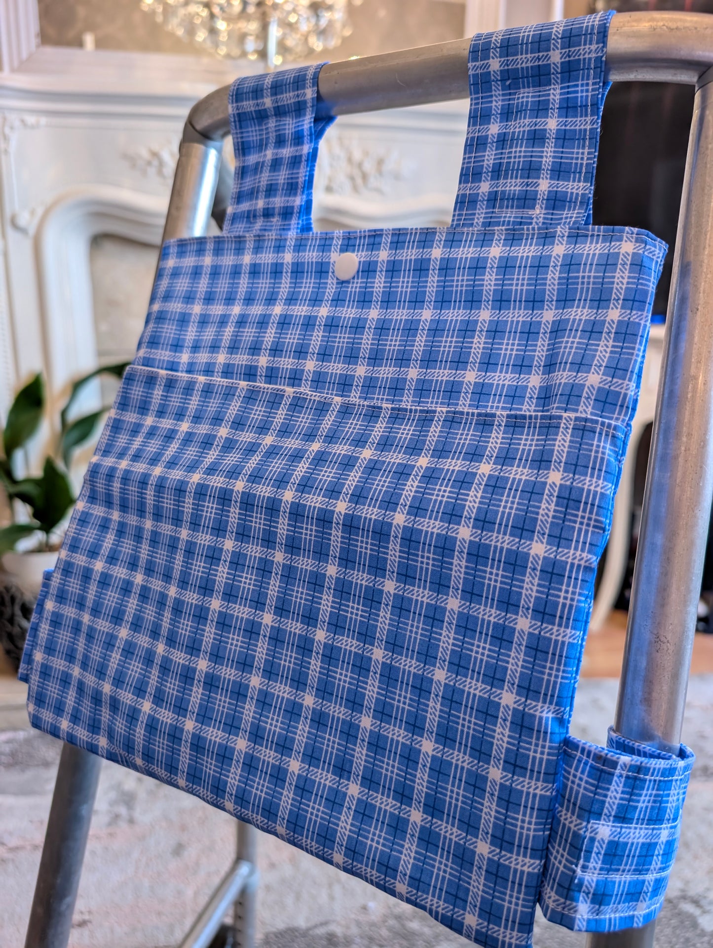 Blue and white check Zimmer frame bag, walking frame bag, accessories, walking aid, handmade, bag, storage