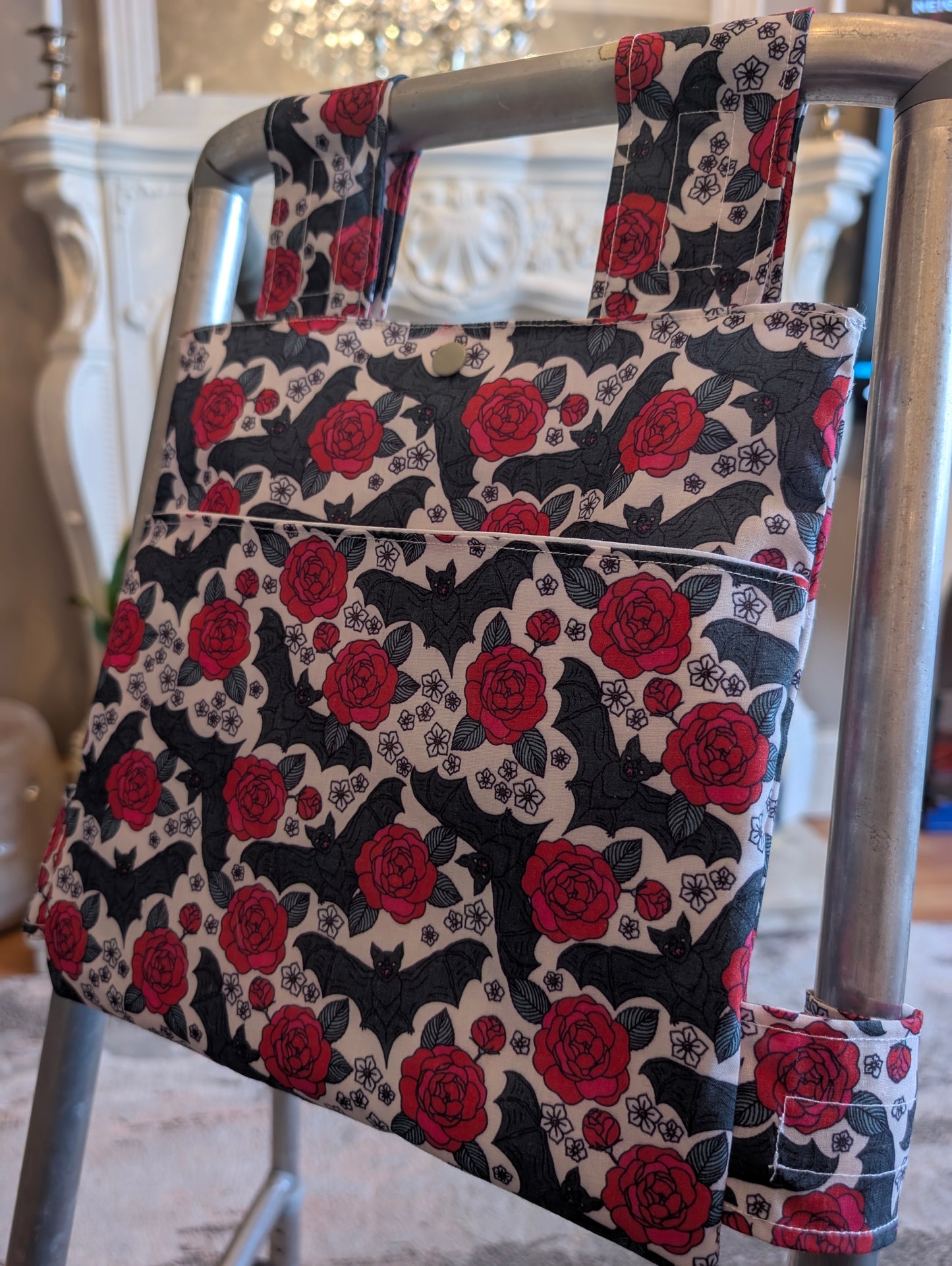 Roses and bats Zimmer frame bag, walking frame bag, accessories, walking aid, handmade, bag, storage