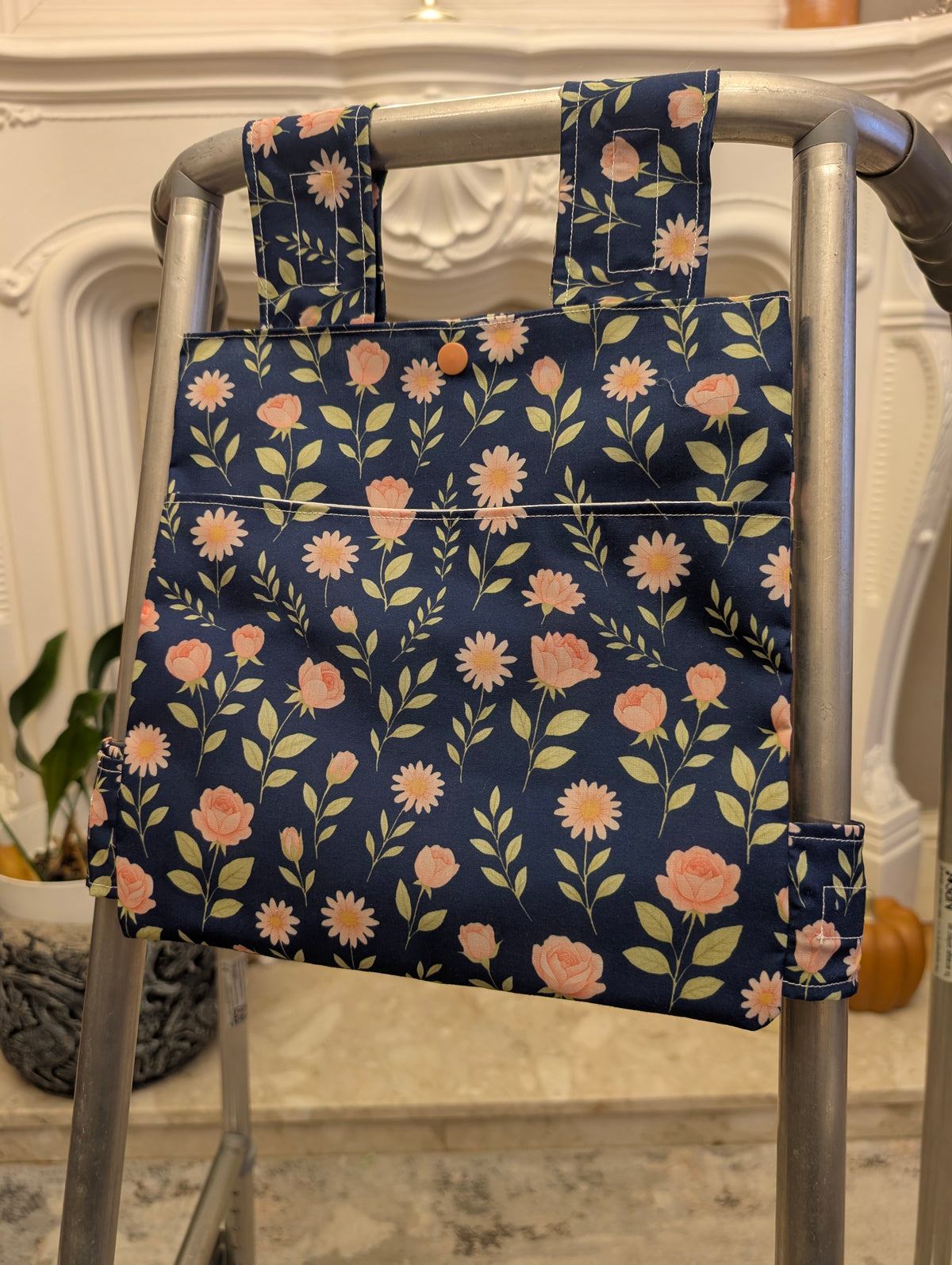 Navy rose Zimmer frame bag, walking frame bag, accessories, walking aid, handmade, bag, storage