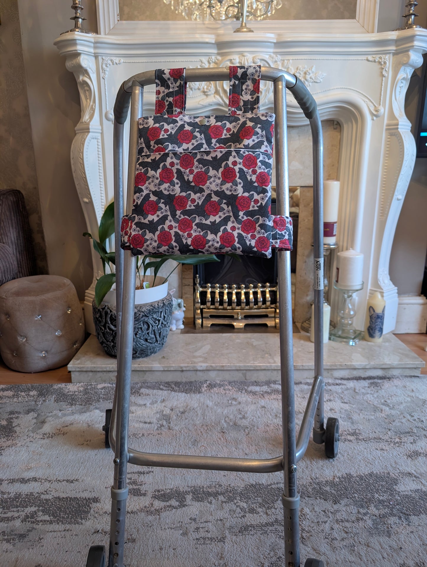 Roses and bats Zimmer frame bag, walking frame bag, accessories, walking aid, handmade, bag, storage