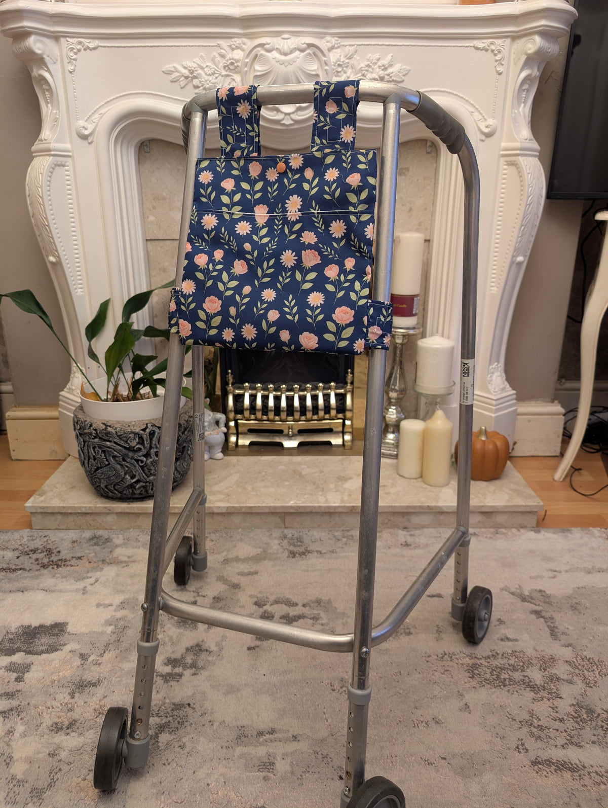Navy rose Zimmer frame bag, walking frame bag, accessories, walking aid, handmade, bag, storage
