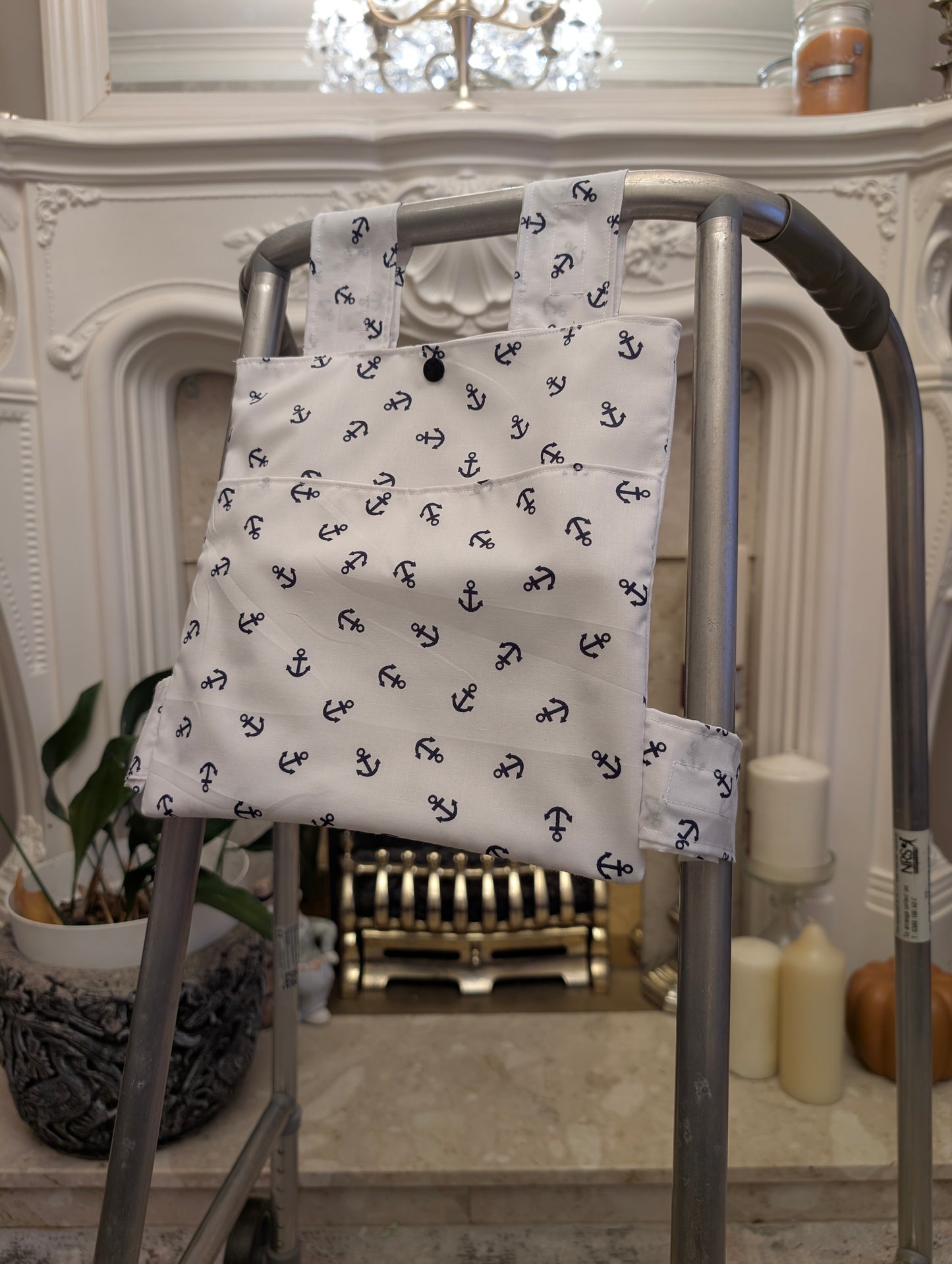 White anchor Zimmer frame bag, walking frame bag, accessories, walking aid, handmade, bag, storage