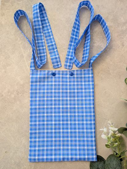 Blue and white check syringe driver bag