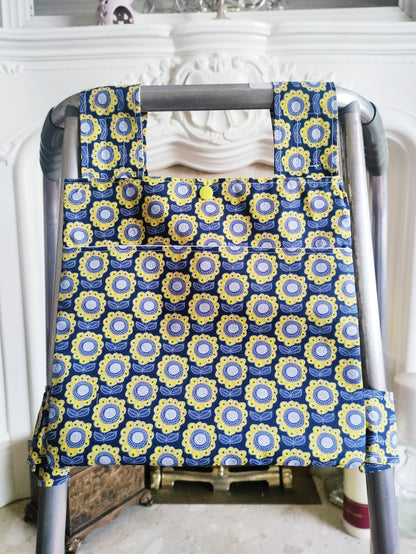 Navy sunflower Zimmer frame bag, walking frame bag, accessories, walking aid, handmade, bag, storage