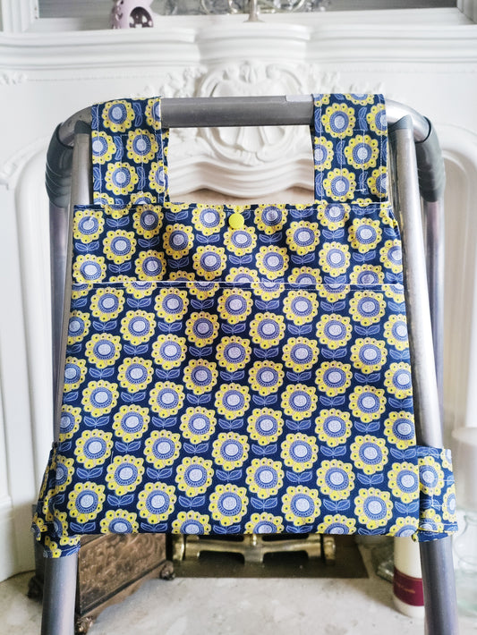 Navy sunflower Zimmer frame bag, walking frame bag, accessories, walking aid, handmade, bag, storage