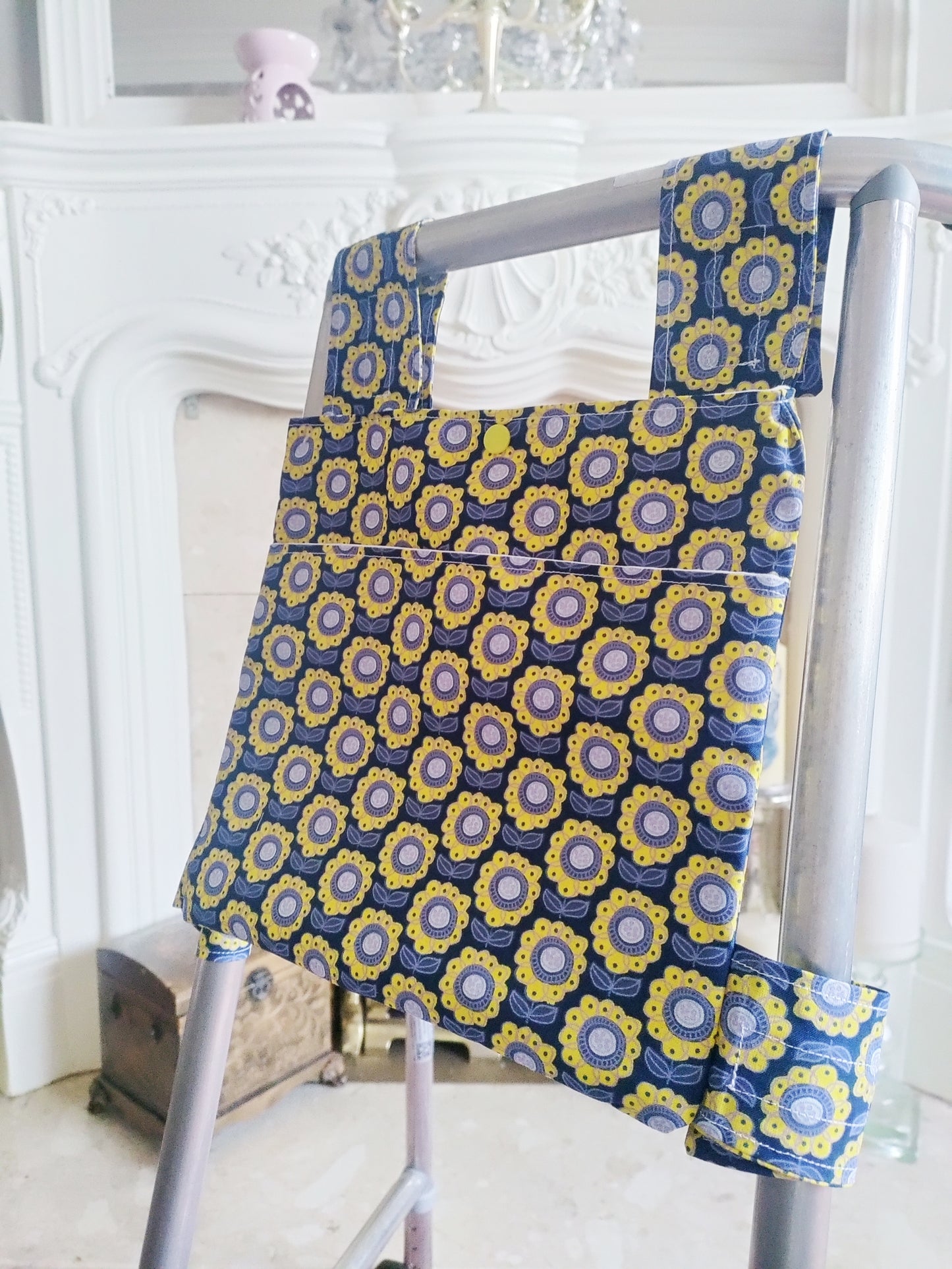 Navy sunflower Zimmer frame bag, walking frame bag, accessories, walking aid, handmade, bag, storage