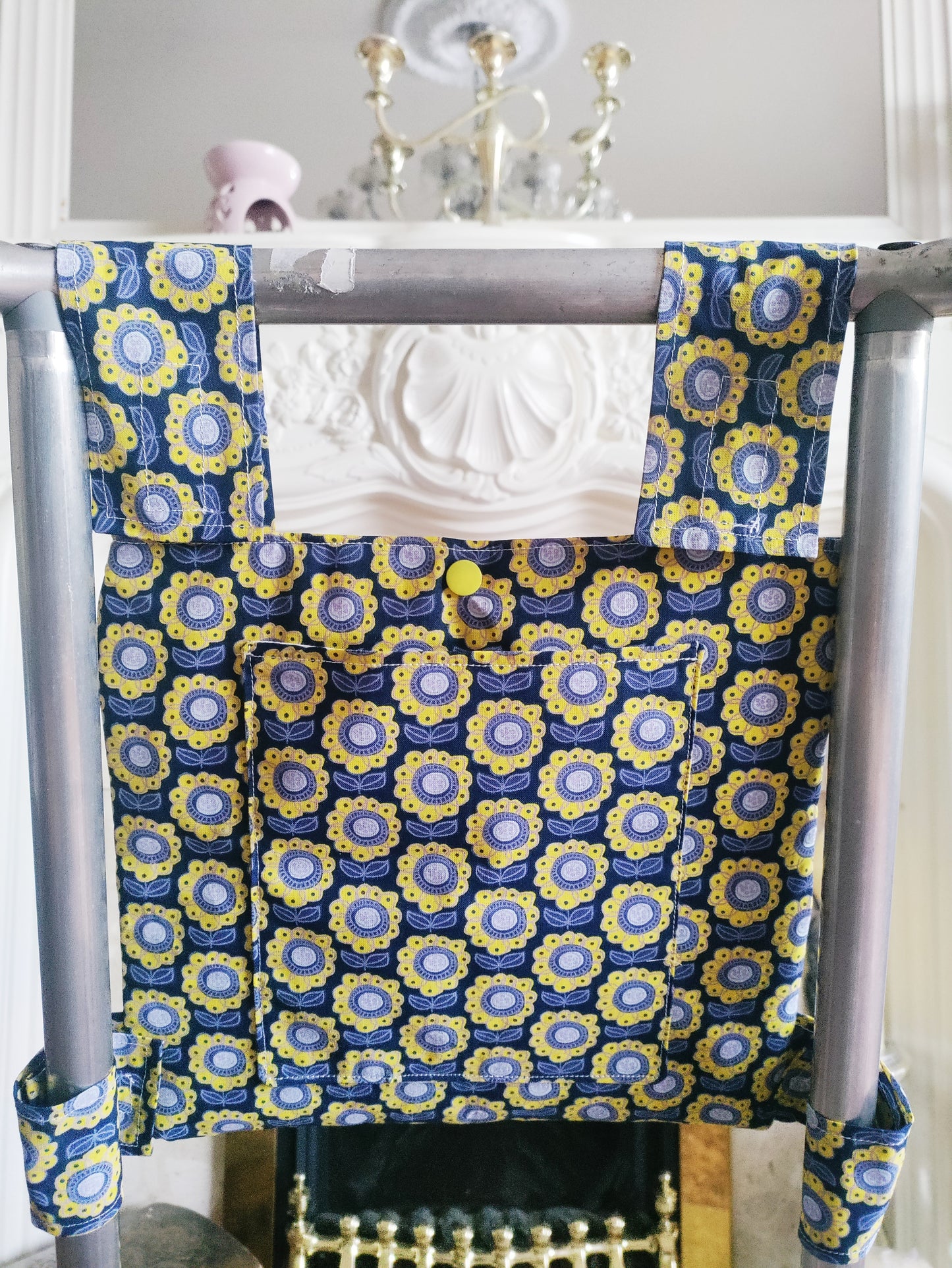 Navy sunflower Zimmer frame bag, walking frame bag, accessories, walking aid, handmade, bag, storage
