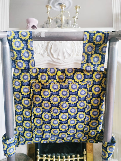Navy sunflower Zimmer frame bag, walking frame bag, accessories, walking aid, handmade, bag, storage